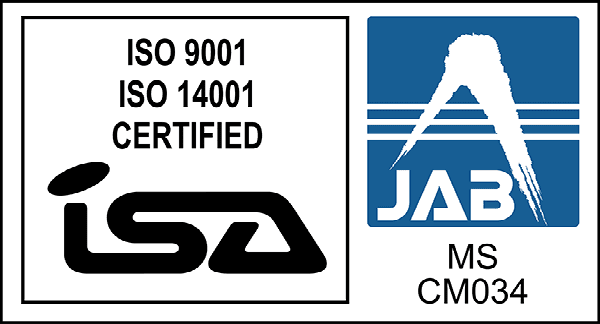 ISO 9001, ISO 14001, CERTIFIED, MS CM034